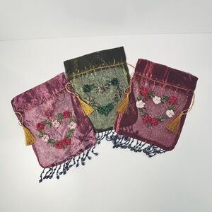 Set of 3 Vintage Drawstring Pouches – Heart & Floral Embroidery, Jewel